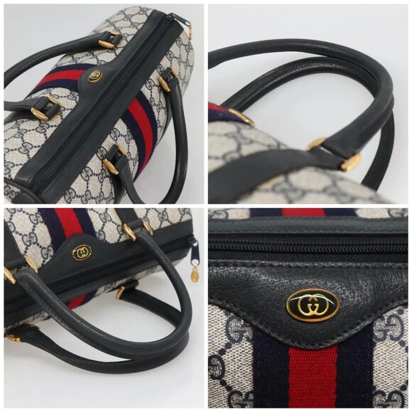 GUCCI GG Supreme Sherry Line Boston Bag PVC Navy Gold Auth ep10844 - Picture 16 of 16